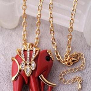 Good Luck, Beautiful Elephant Necklace, Deep Red