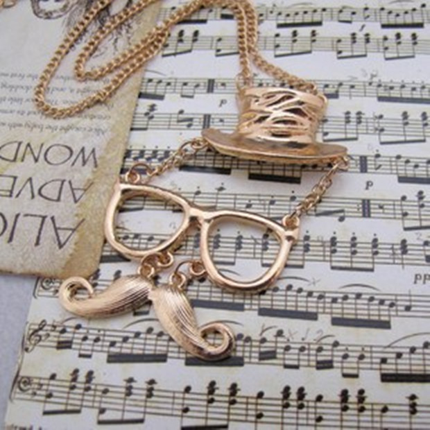 Fashion Personality Hats Glasses Mustache Necklace, Gold Color